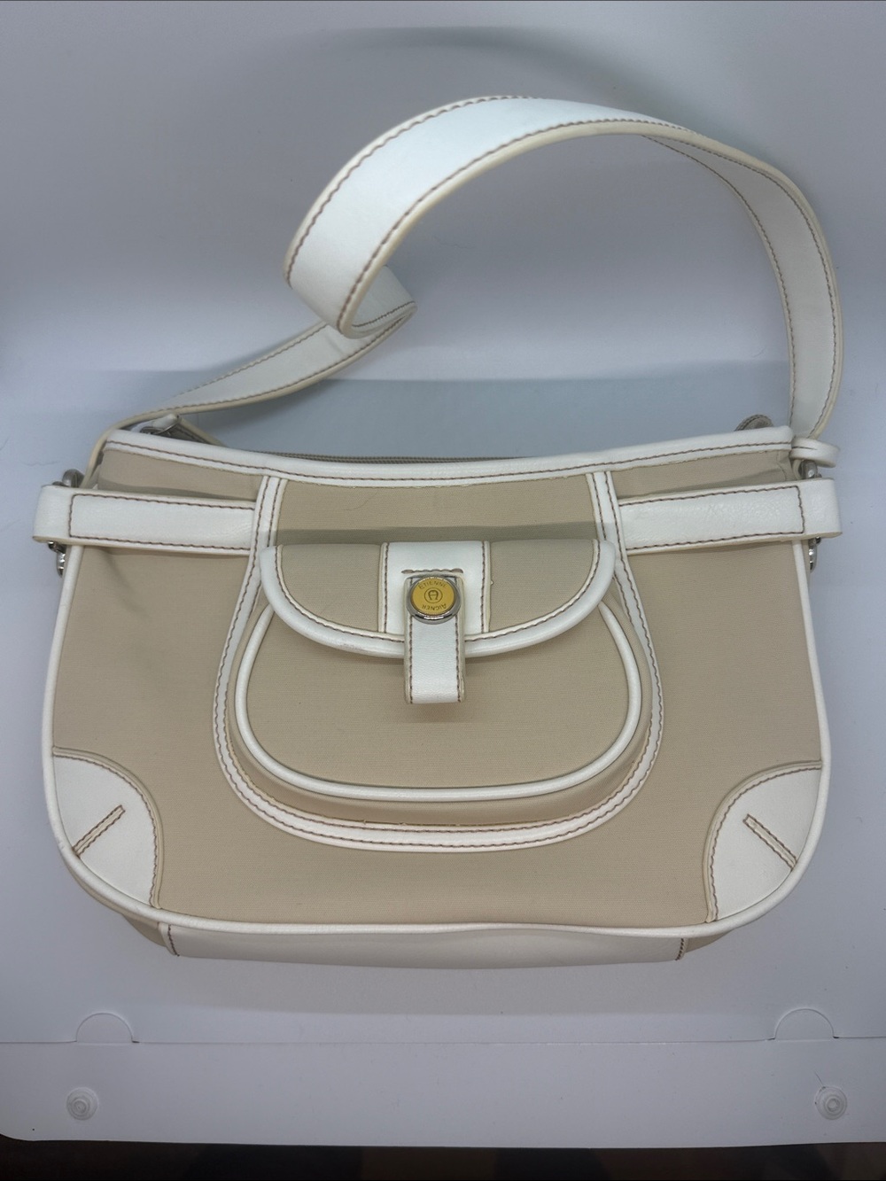 Vintage Etienne Aigner Beige and White Shoulder Bag - Leather and Canvass unused